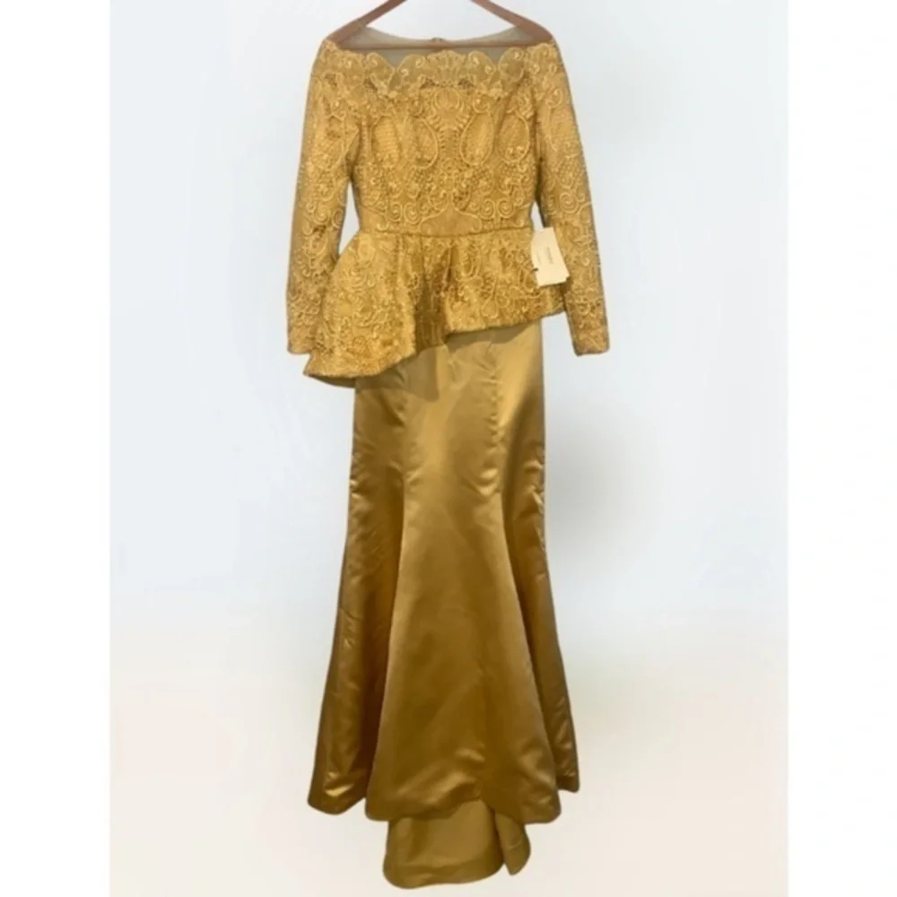 TS Couture Mustard Yellow Lace Long Sleeve Peplum Satin Mermaid Formal Gown NWT